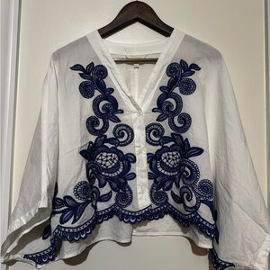 Adiva White Crop Top with Blue Embroidery